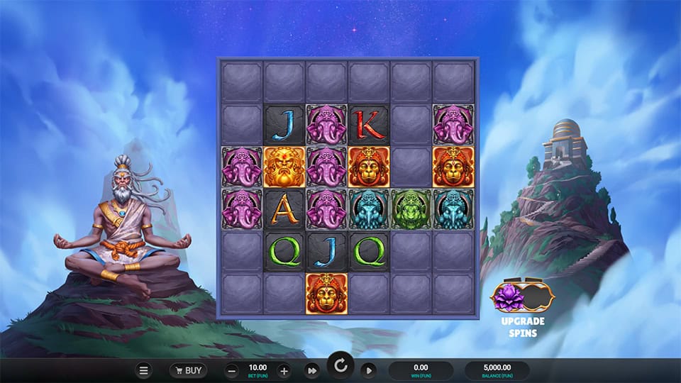 Reels partially revealed among stone blocks, with symbols like elephants and deities and a meditating figure to the left.