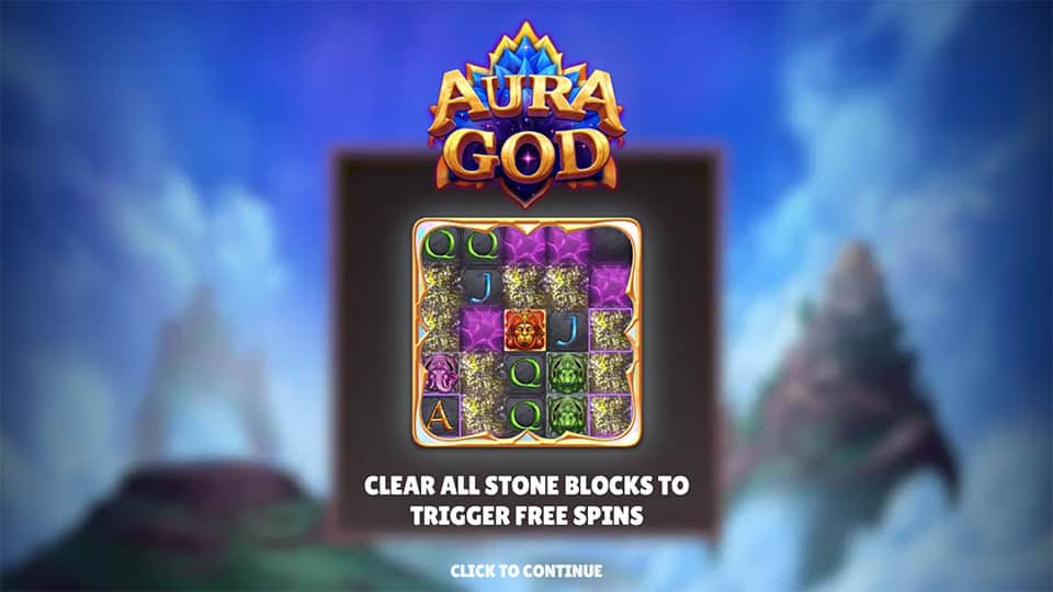 Intro screen showing how to trigger free spins by clearing all stone blocks, with Aura God logo above.