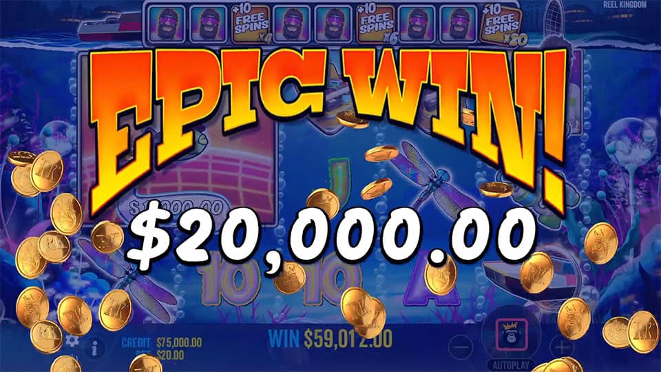 Epic Win message showing an epic win with coins flying across the underwater reel background.
