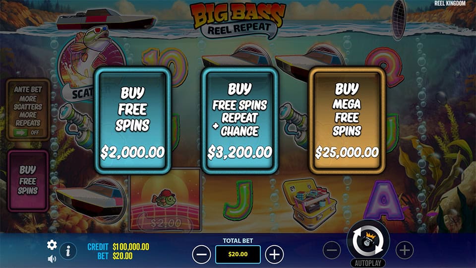 Bonus buy menu showing three types of free spins options, each with different gameplay enhancements.