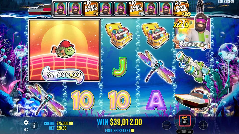 Bonus round with a giant $1,000 fish money symbol, chest symbols and a collector holding a 20x multiplier.