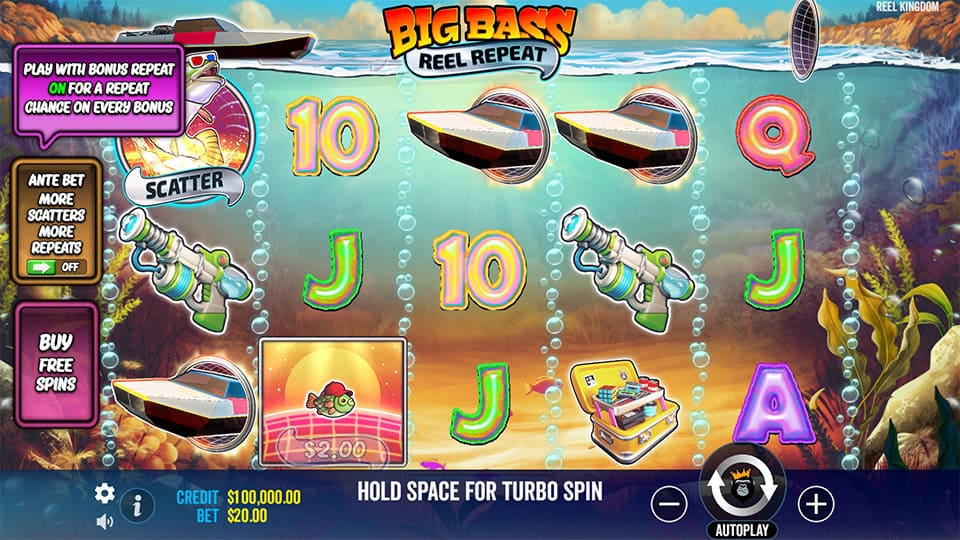 Main game screen with underwater-themed symbols like fish, boats and water guns, plus visible scatter symbols.