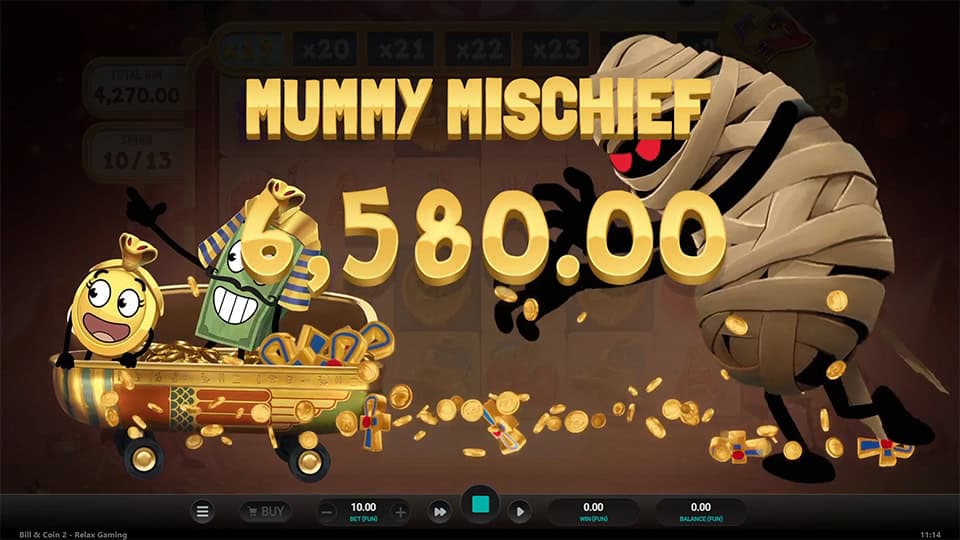Animated mummy chases Bill and Coin as golden coins fly, with “Mummy Mischief” text in bold letters.