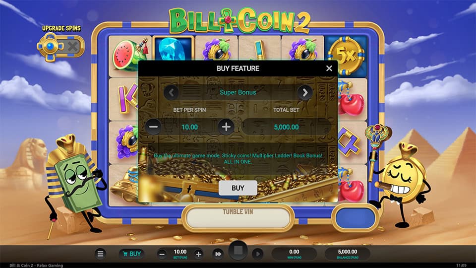 Buy menu popup showing bet settings for Super Bonus with Bill & Coin standing beside the reels.