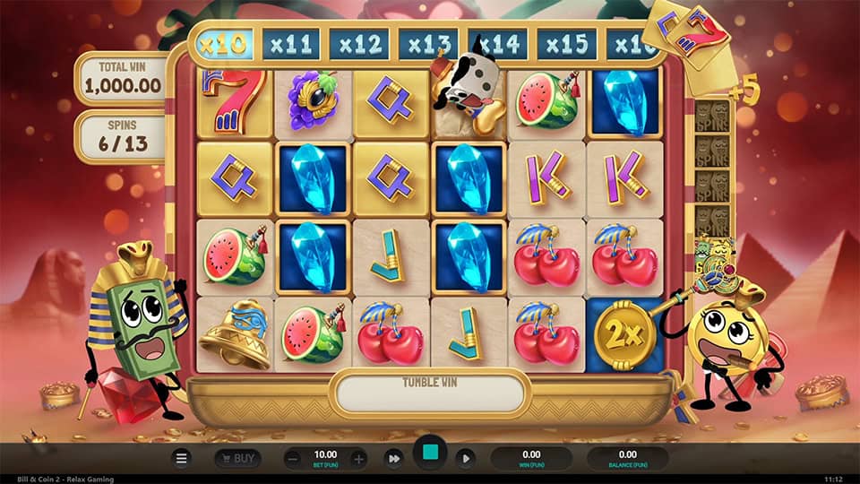 Bonus round in desert background with multiplier trail, gems and cartoon symbols during active spins.