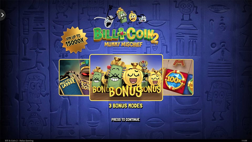 Intro screen highlighting 3 bonus modes with cartoon characters and promise of up to 15,000x wins.