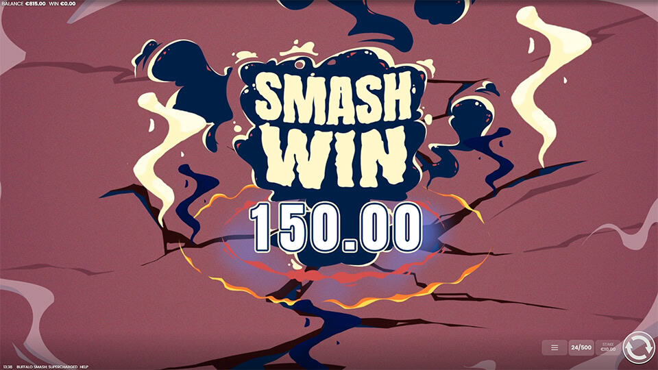 “Smash Win” message with a payout of 150.00, shown over a cracked ground animation with comic-style energy bursts.