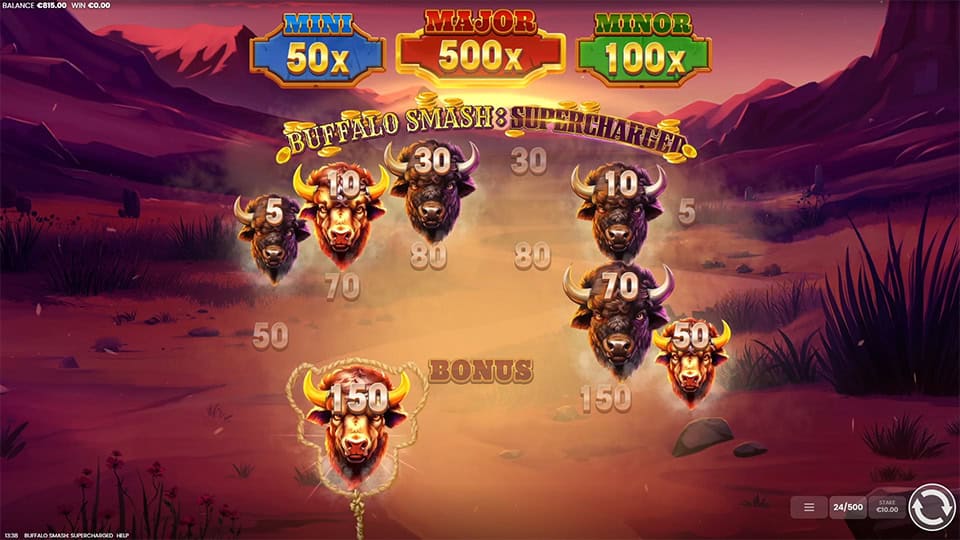 Slot screen showing multiple buffalo coin symbols captured, including bonus icons and coin values up to 150 under jackpot labels.