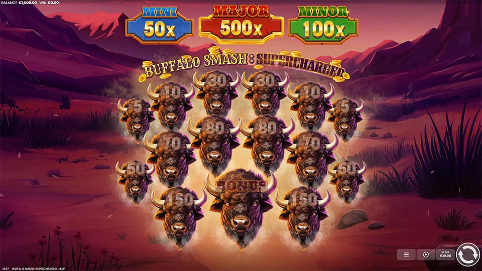 Gameplay screen with buffalo heads showing various coin values under Mini (50x), Major (500x) and Minor (100x) jackpot tiers.