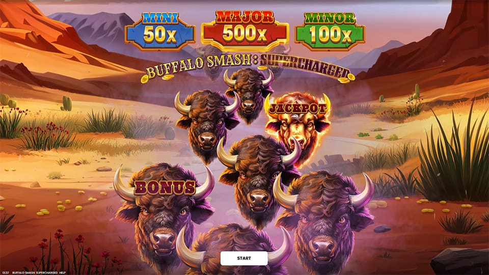 Start screen with buffalo characters, jackpot tiers above and a “Start” button in a bright desert landscape.