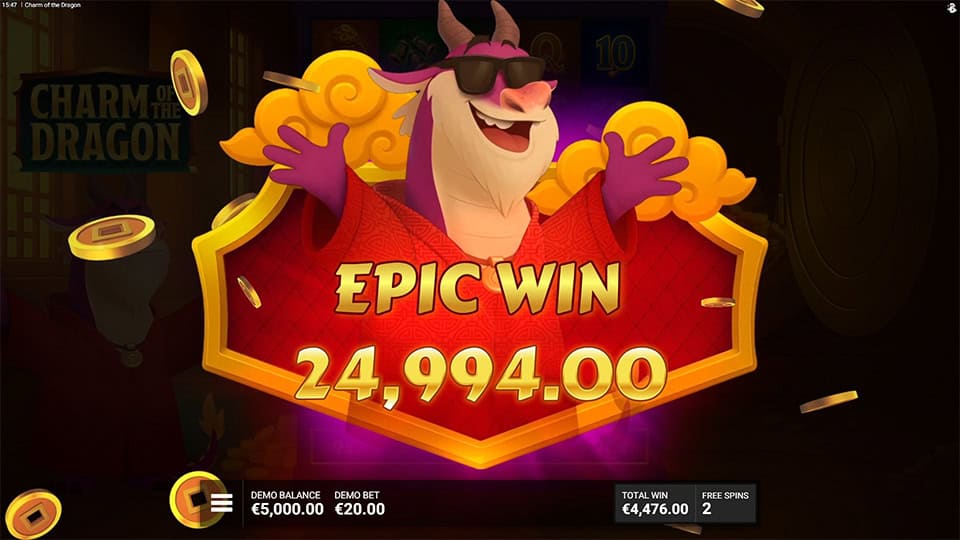 Epic Win display with dragon in sunglasses celebrating and coins flying around a bright red win banner.