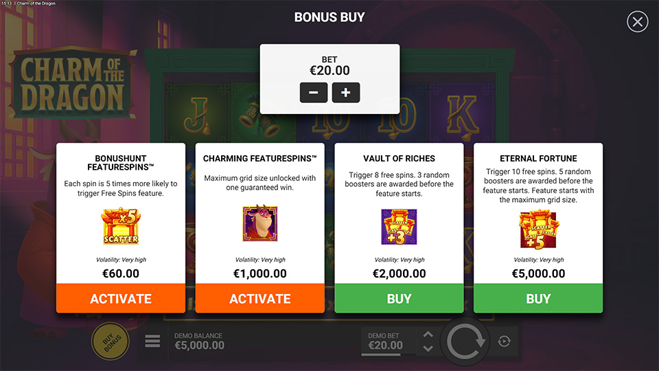Bonus Buy menu offering four featurespins options, including increased scatter chances, boosters and max grid spins.