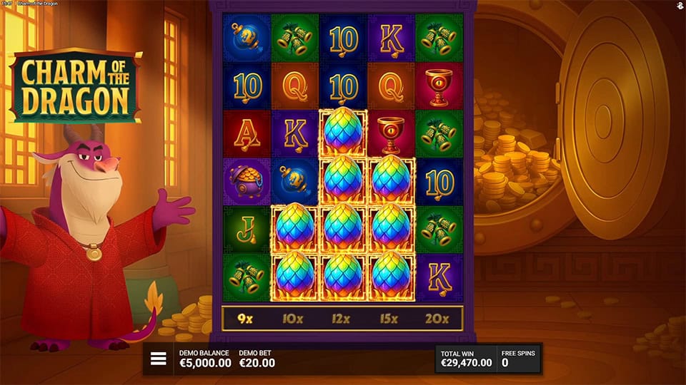 Slot screen showing 3x3 grid with matching symbols, multiplier rows from 1x to 5x and mystery symbol icons.