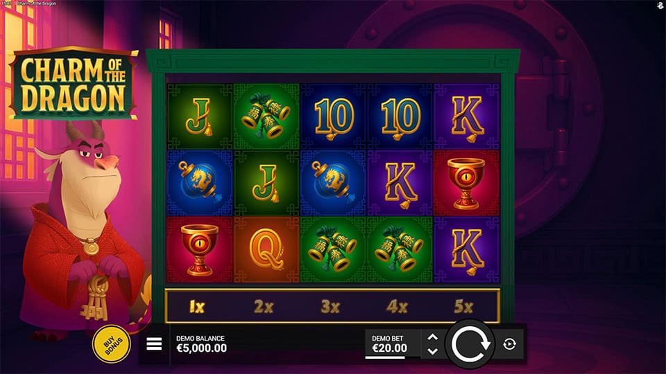 Reels filled with golden egg symbols and multipliers in front of a vault bursting with gold, with the dragon character on the side.