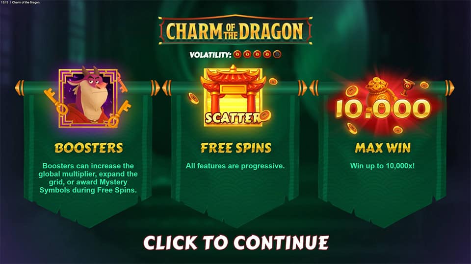 Intro screen showing volatility, progressive features and up to 10,000x win potential with boosters and free spins.