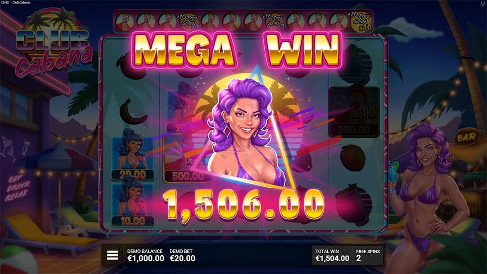 Mega Win message with purple-haired woman and bright party graphics.