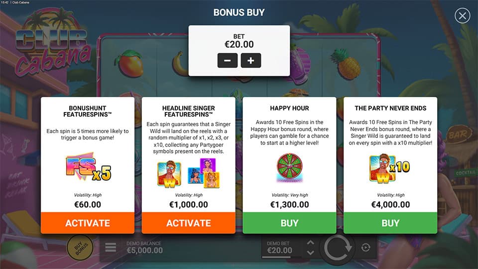 Bonus buy menu with options from Bonushunt to Party Never Ends.