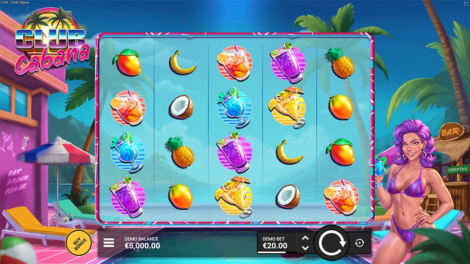 Reels filled with fruit cocktail symbols and tropical vibes, featuring a female character in a bikini.