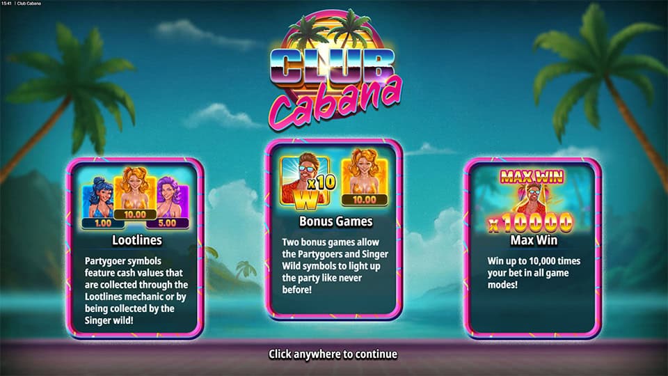 Intro screen showing Lootlines, Bonus Games and Max Win up to 10,000x bet.