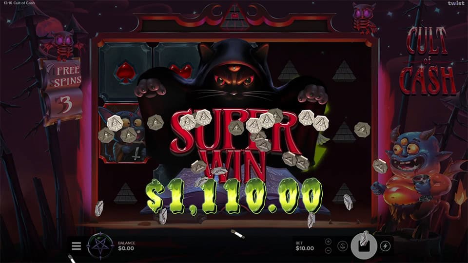 Super Win message with $1,110.00 payout, animated coins bursting from reels and a hooded black cat with glowing red eyes.