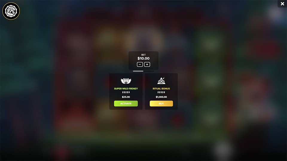 Bonus buy interface offering “Super Wild Frenzy” and “Ritual Bonus” with adjustable bet options.
