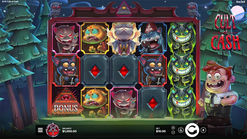 Slot screen showing a full grid of quirky monster symbols with 3 free spins active and a vibrant “Cult of Cash” logo on the right.