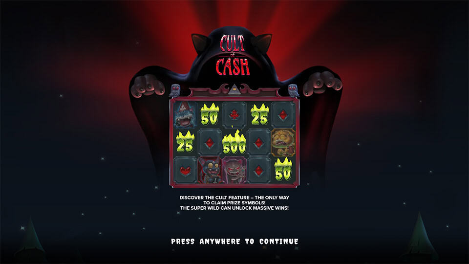 Main slot screen with various cartoonish villain symbols, bonus tile in view and a forest backdrop under moonlight.