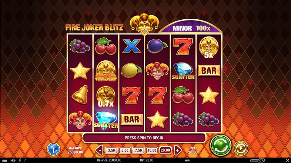 Slot grid with classic fruit symbols, jokers, multipliers and scatter diamonds on a fiery red backdrop.