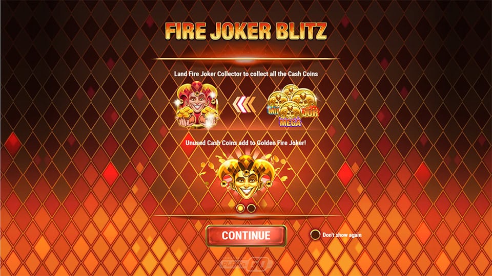 Intro screen with Fire Joker Collector feature explanation and coin collection visuals on a blazing background.