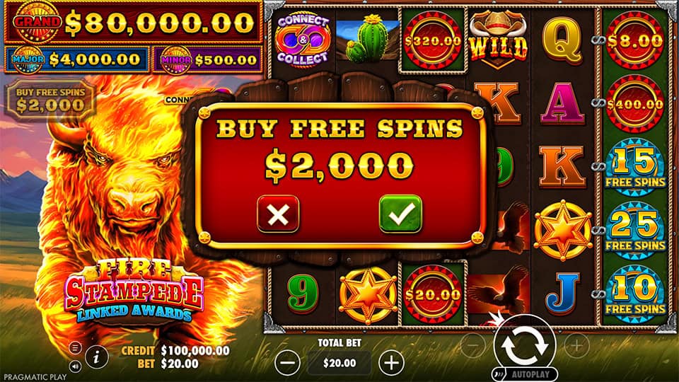Buy free spins prompt in red and yellow UI overlayed on the game screen with reels in the background.
