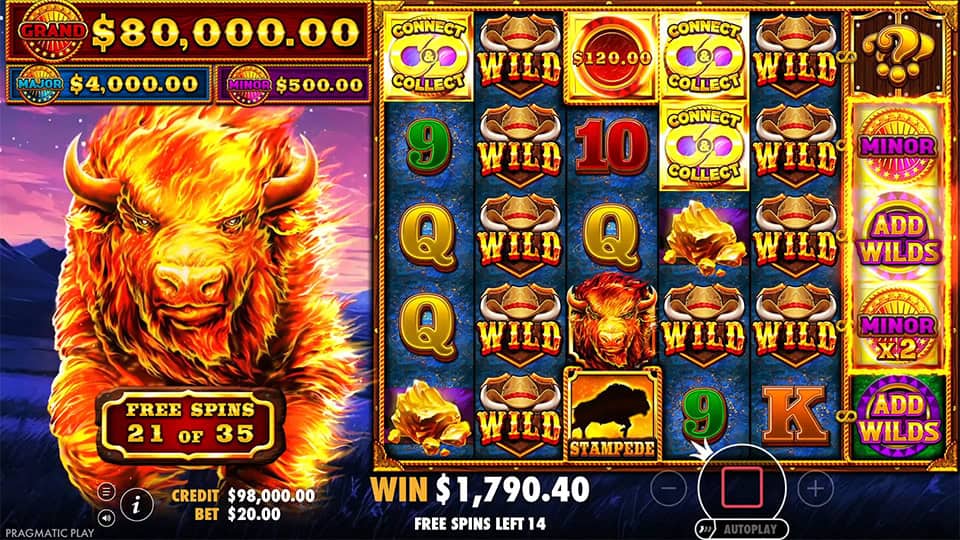 Free spins screen with connect & collect icons and several “ADD WILDS” symbols on the last reel.