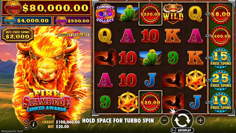 Slot reels with western symbols, cacti, wild icons, golden stars and connect & collect features.