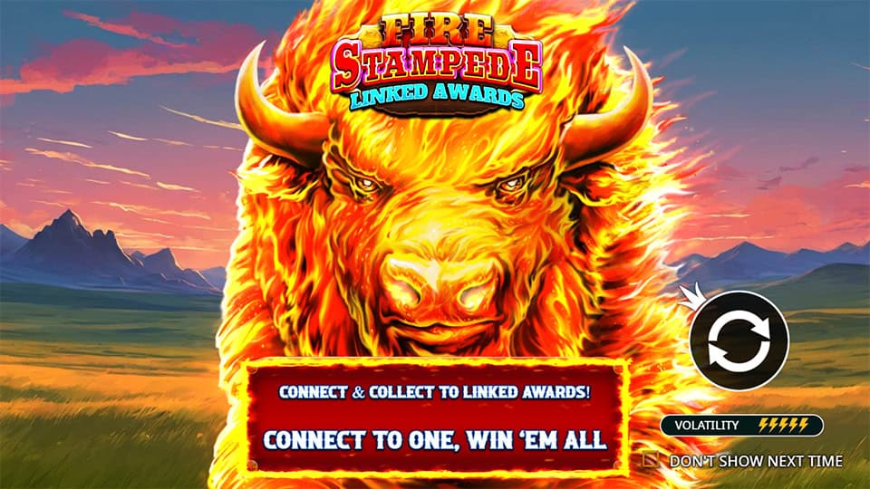 Intro screen with fiery buffalo and tagline “Connect to One, Win ’Em All” promoting linked rewards.