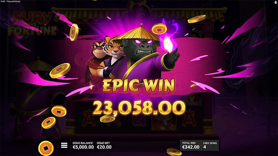 Fury and Fortune slot epic win showing 23,058.00 win during free spins