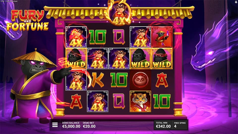 Fury and Fortune slot red gorilla wild applying multipliers on reels