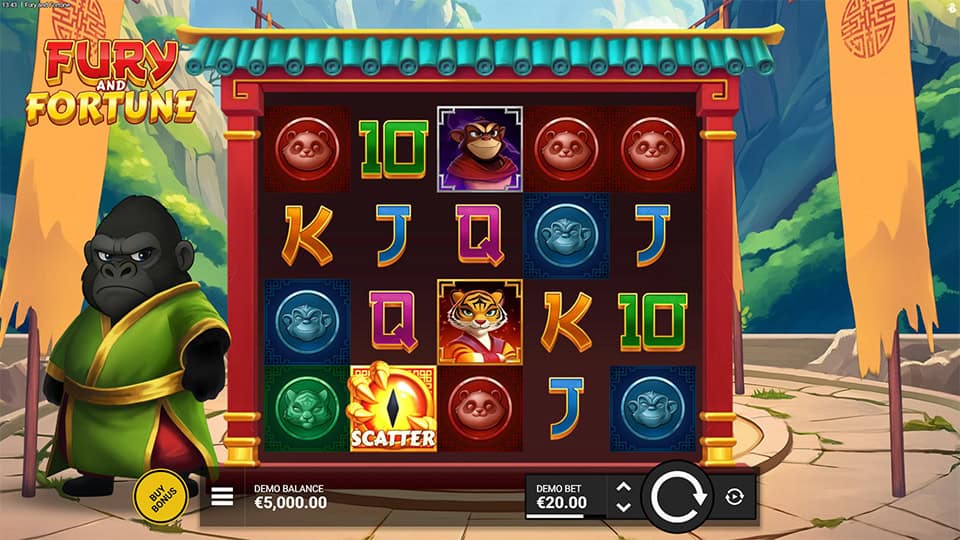 Fury and Fortune slot base game with reels, gorilla, tiger, scatter symbols