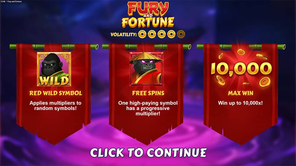 Fury and Fortune slot homepage with gorilla character in purple robe