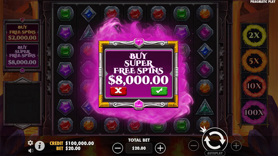 Buy Super Free Spins pop-up with cost displayed over purple flame animation on reels.