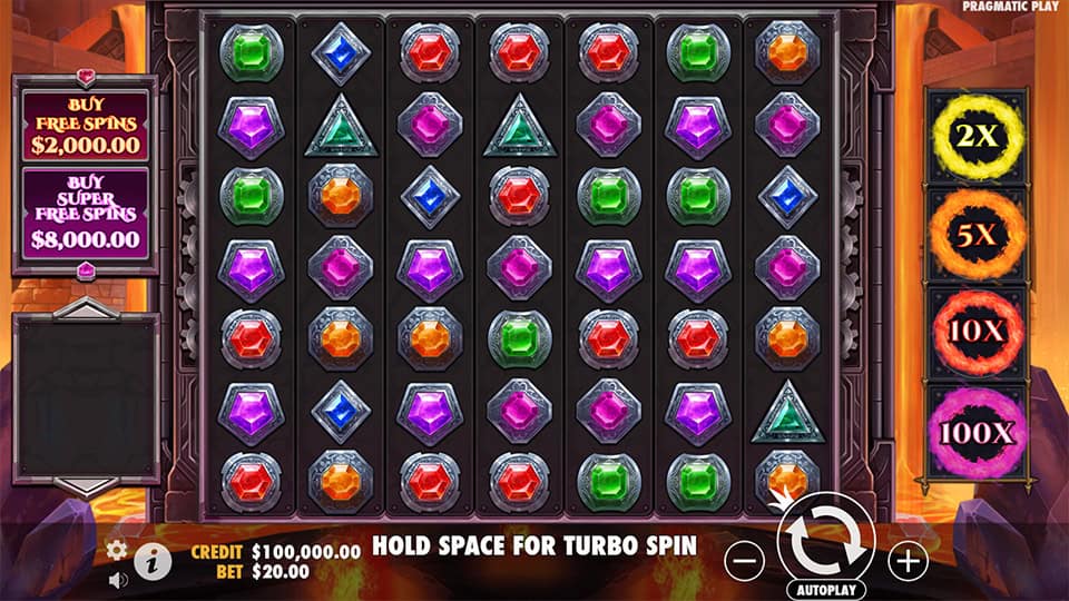 Colorful gem-filled reels set in a fiery chamber, featuring bonus buy buttons and stacked symbols.