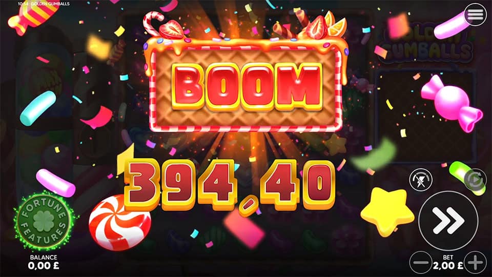 Golden Gumballs BOOM win screen with 394.40 prize, candies flying across celebration burst.