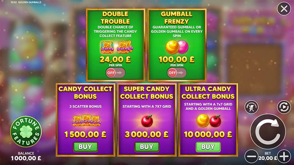 Buy menu with Candy Collect, Super Collect and Ultra Collect bonuses, plus toggle features like Gumball Frenzy.