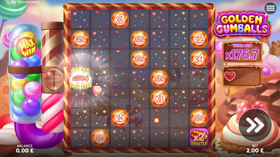 Sticky Collector with x158.4 multiplier active on a coin grid during candy bonus round.