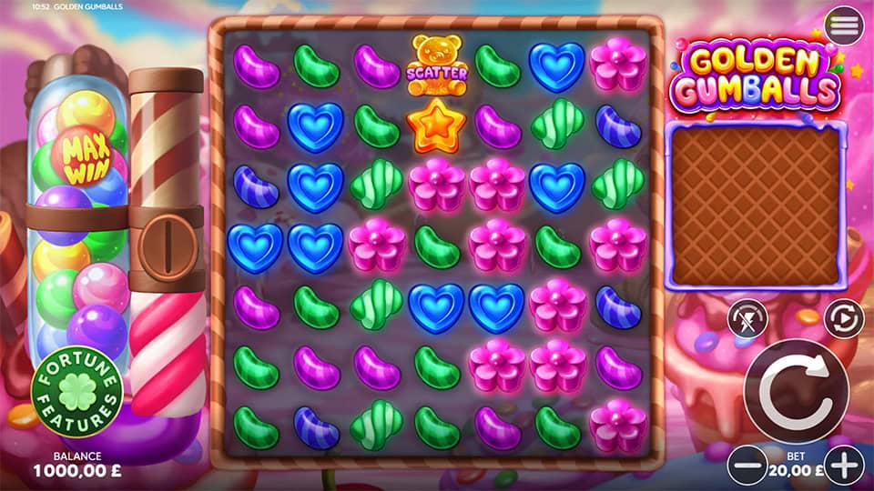 Colorful candy grid with hearts, flowers and scatter symbols beside gumball machine marked Max Win.
