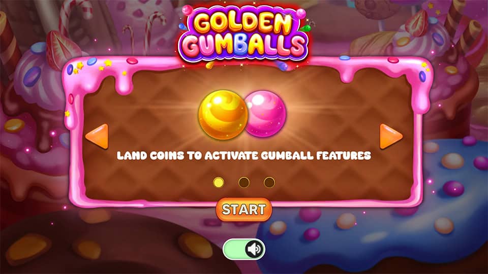Intro screen of Golden Gumballs slot showing yellow and pink gumballs with “Land coins to activate features” text.