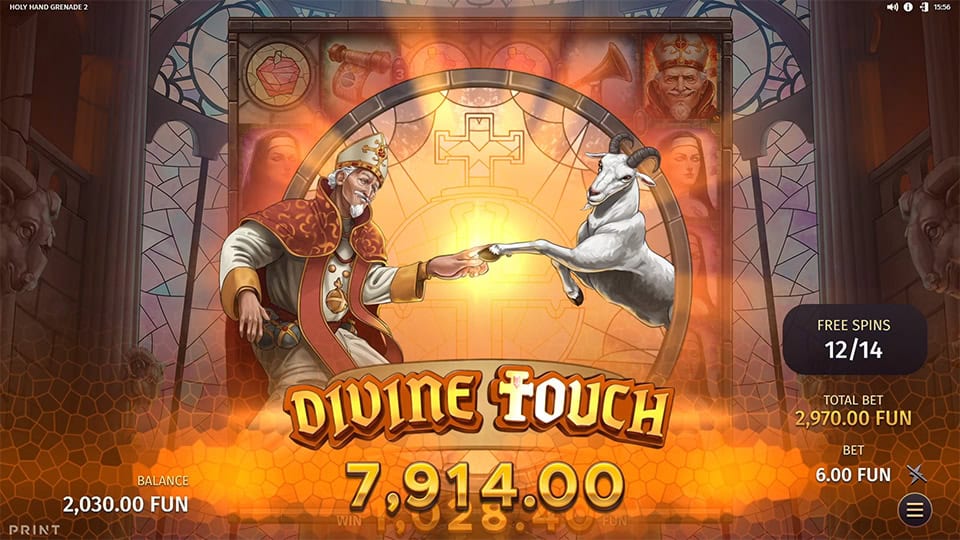 Win screen showing a radiant goat touching a bishop’s finger, inspired by Michelangelo’s Creation scene.