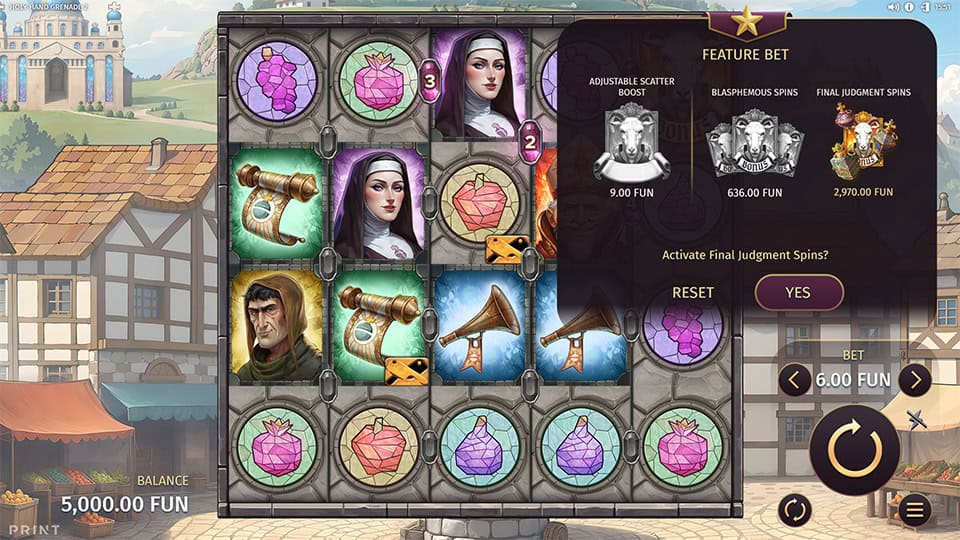 Feature Bet menu offering scatter boosts and two bonus spins options, including Final Judgment Spins.