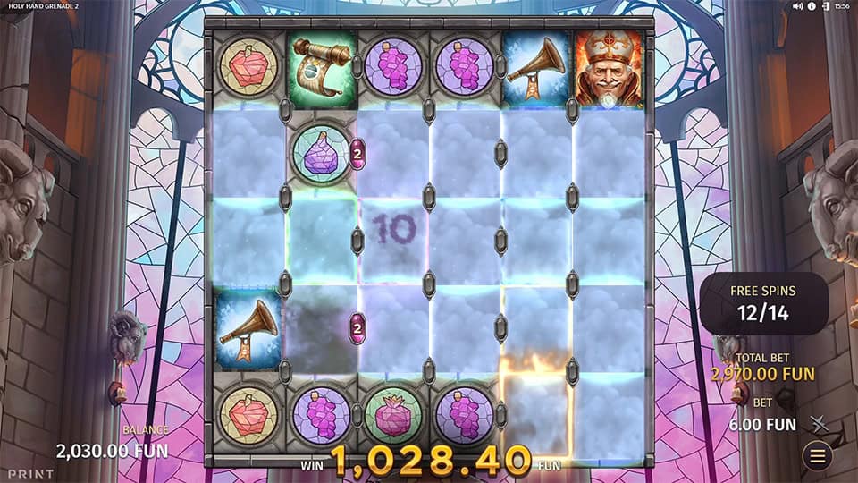 Free Spins with cloudy reels and symbols dropping in; special grenade effects clearing symbols for wins.