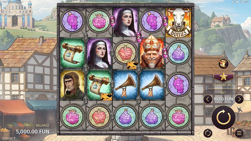 Main reels packed with scrolls, nuns, bishops and purple crystal symbols set in a medieval village.
