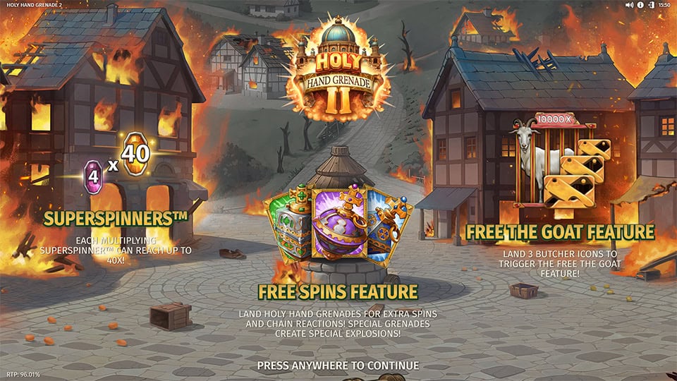 Intro page with burning town, featuring highlights of Superspinners, Free the Goat and Free Spins bonuses.