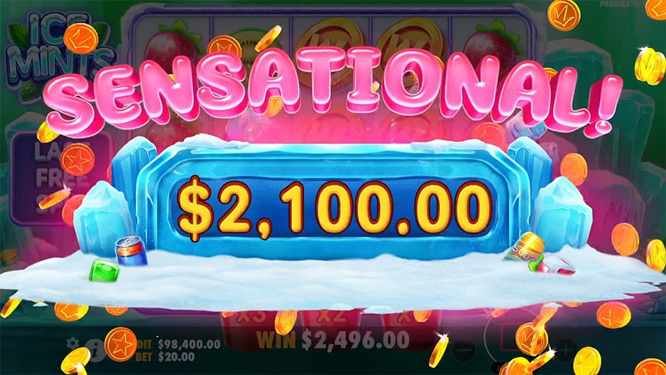 Sensational win banner with ice block display and coins bursting around fruit and soda reel background.